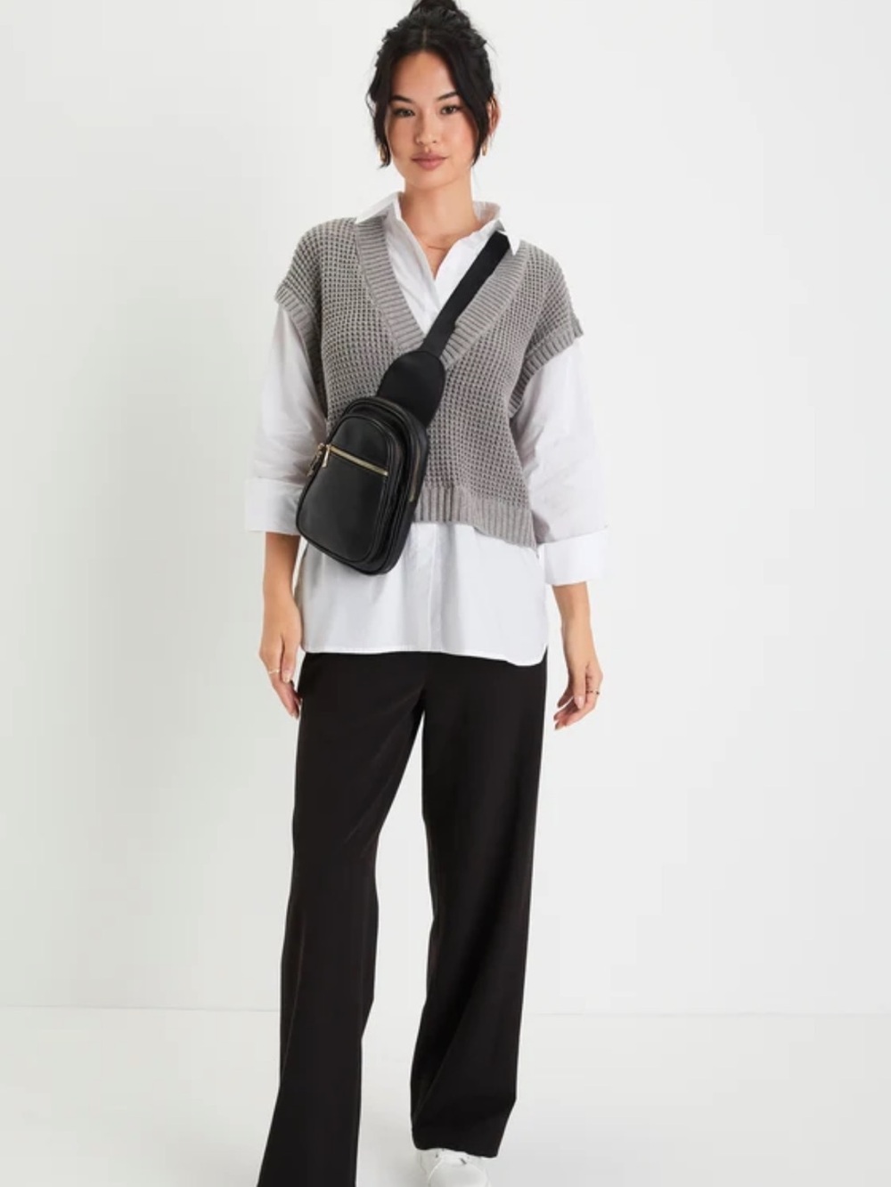 Lulu's White Collared Shirt with Gray Knit attached vest